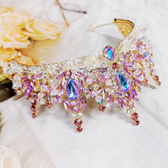 Lavender Tiara, Victorian tiara, Purple Crystal crown, Princess Gold Tiara - Picture 9 of 11